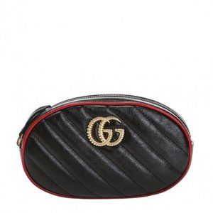 Gucci GG Marmont Matelasse Leather Belt Bag in Black with Red Trim NEW W DUSTBAG